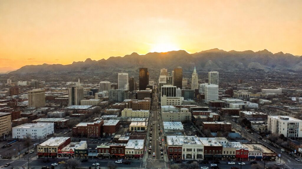 Utah small business marketing — Salt Lake City skyline with Wasatch Mountains and thriving local businesses